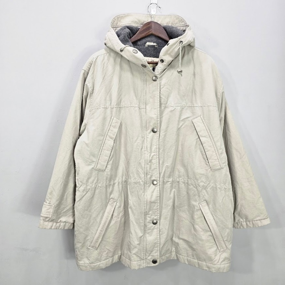 Vtg Eddie Bauer Polartec Jacket Coat L Beige Hooded Oversized 90s Chore Gorpcore